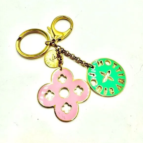 Auth Louis Vuitton Goldtone Key Ring Purse Accent Pink Green Preloved Bag Charm